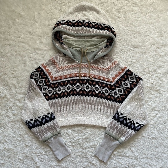Free People Hoodie Inverness Pullover Sweater Cropped Long Sleeve Oatmeal S - Picture 3 of 12